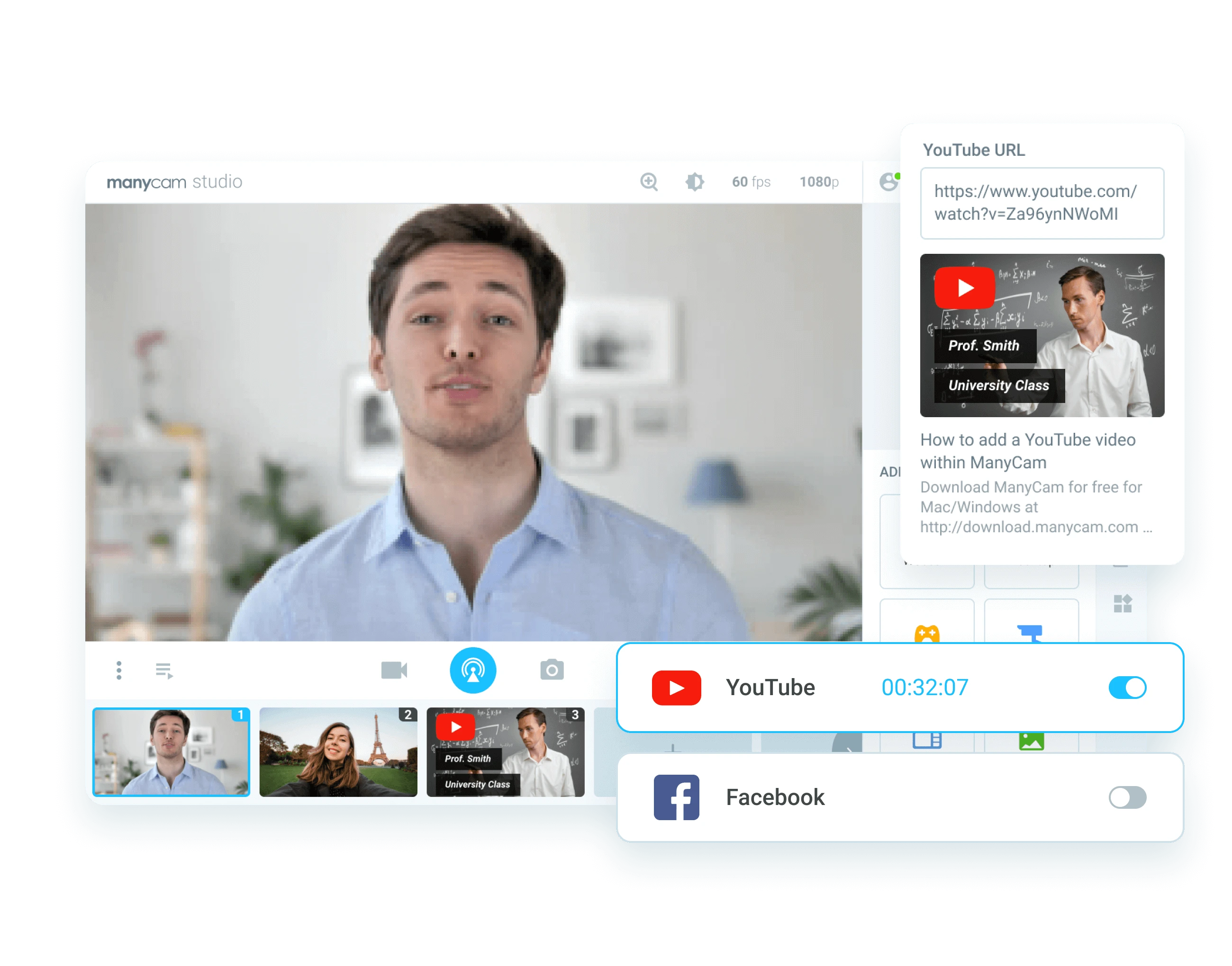 Streaming has never been easier! Connect ManyCam to Facebook and Youtube to stream simultaneously. Quickly set up your RTMP stream and broadcast to your favorite streaming services and go live on multiple platforms at once to increase your online reach.